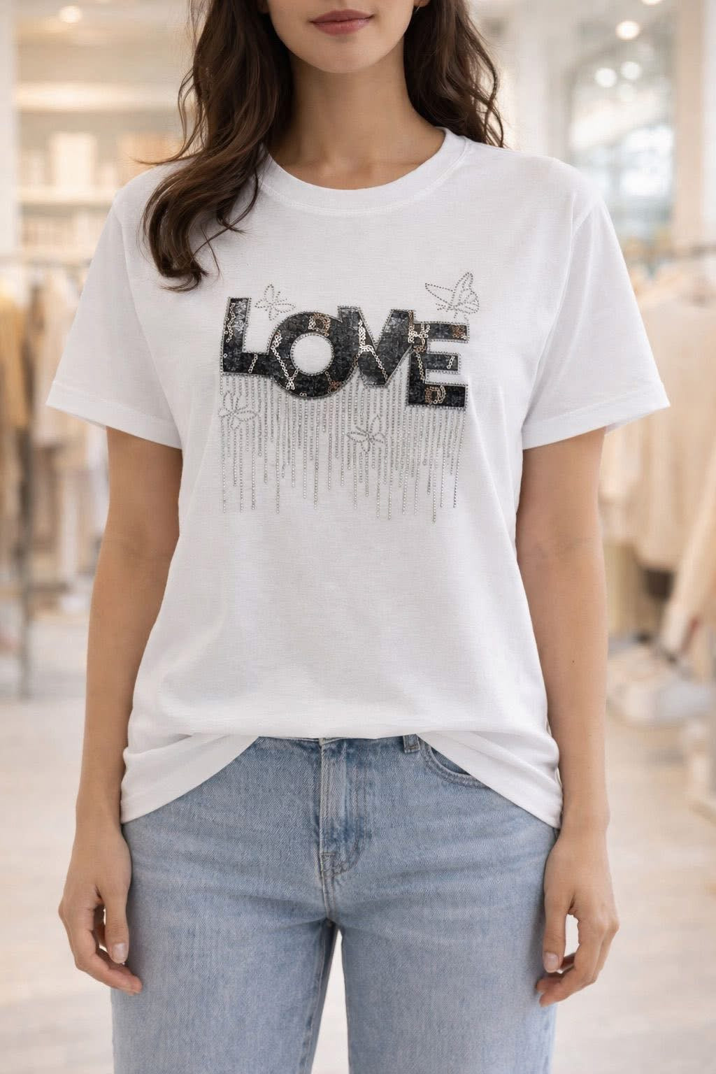 “LOVE” denim t-shirt